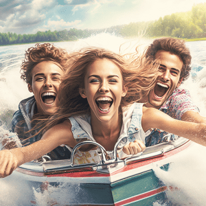 Teenagers laughing and enjoying a boat ride with Island Adventures during their Islamorada Sandbar Charters and Snorkeling Tours in Florida Keys.
