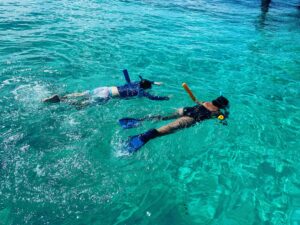 Two people snorkeling amid vibrant coral reefs in the crystal-clear waters of Islamorada, Florida.