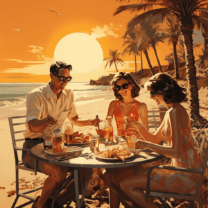 Family joyfully sharing a Thanksgiving dinner at a beachside resort in the Florida Keys, with the sunset casting a golden hue over the ocean backdrop.