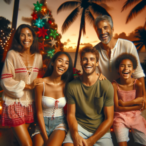 A joyful family celebrating Christmas under a palm tree adorned with twinkling lights, set against a backdrop of the serene Florida Keys. They are smiling and laughing, embodying the warm and festive spirit of the holidays in a tropical setting.