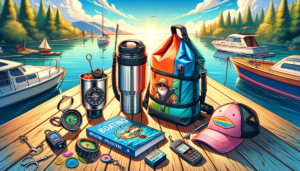 A colorful display of budget-friendly boating gifts under $50 on a wooden dock, including a waterproof dry bag, a nautical-themed stainless steel mug, a compass, a boating book, a sun hat, and waterproof playing cards, with a serene lake and boats in the background.
